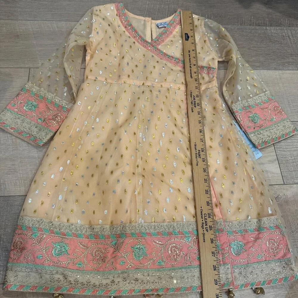 Girls Peach Traditional Embroidered Dress W/ Sheer Sleeves & Gold Detailing Size